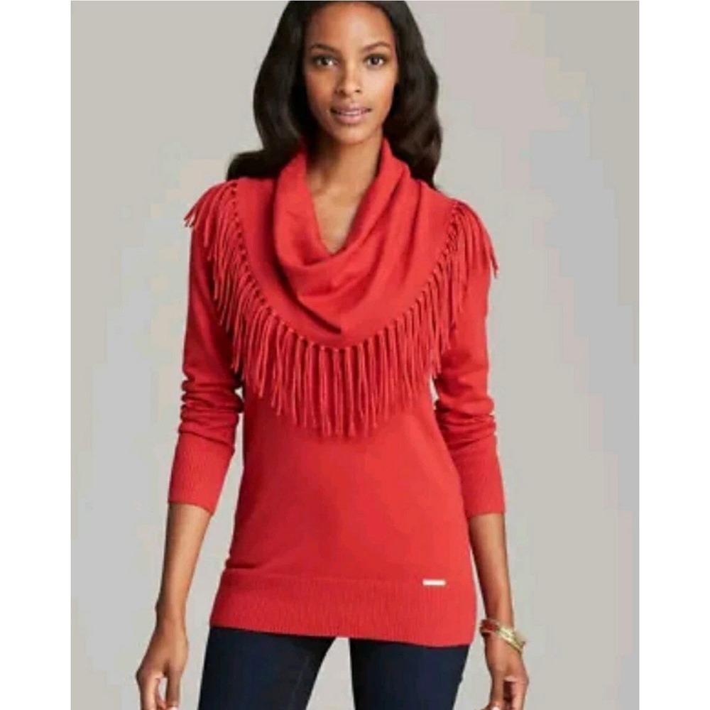 Michael Kors Women's Large Fringe Cowl Neck Sweater Red Orange Angora Fallcore